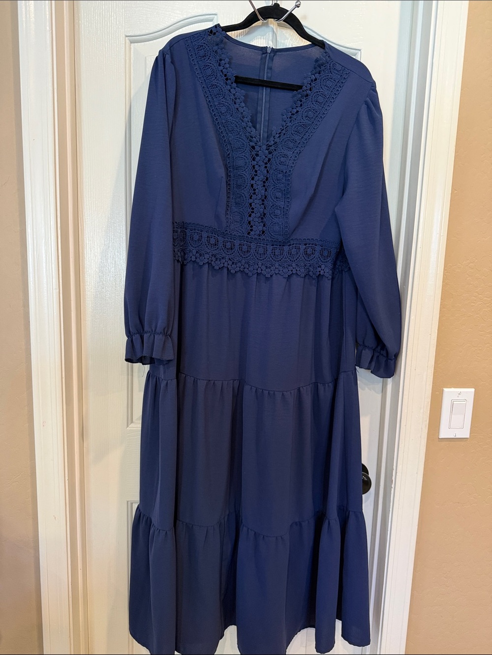 Navy Blue Long Sleeve Tiered Dress with Lace Trim